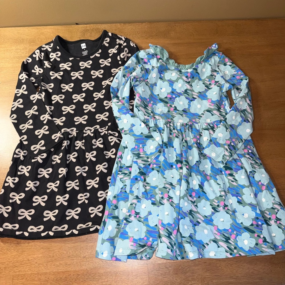 Lot of 2 Tea Collection Girls Long Sleeve Dresses Size 6 Black Bow Blue Floral
